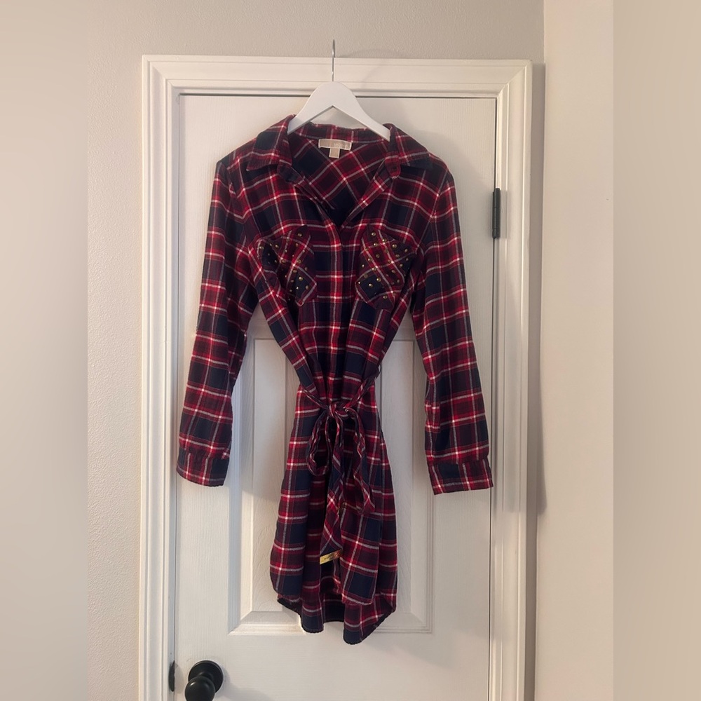 Michael Kors Red and Black Plaid Midi Shirt Dress